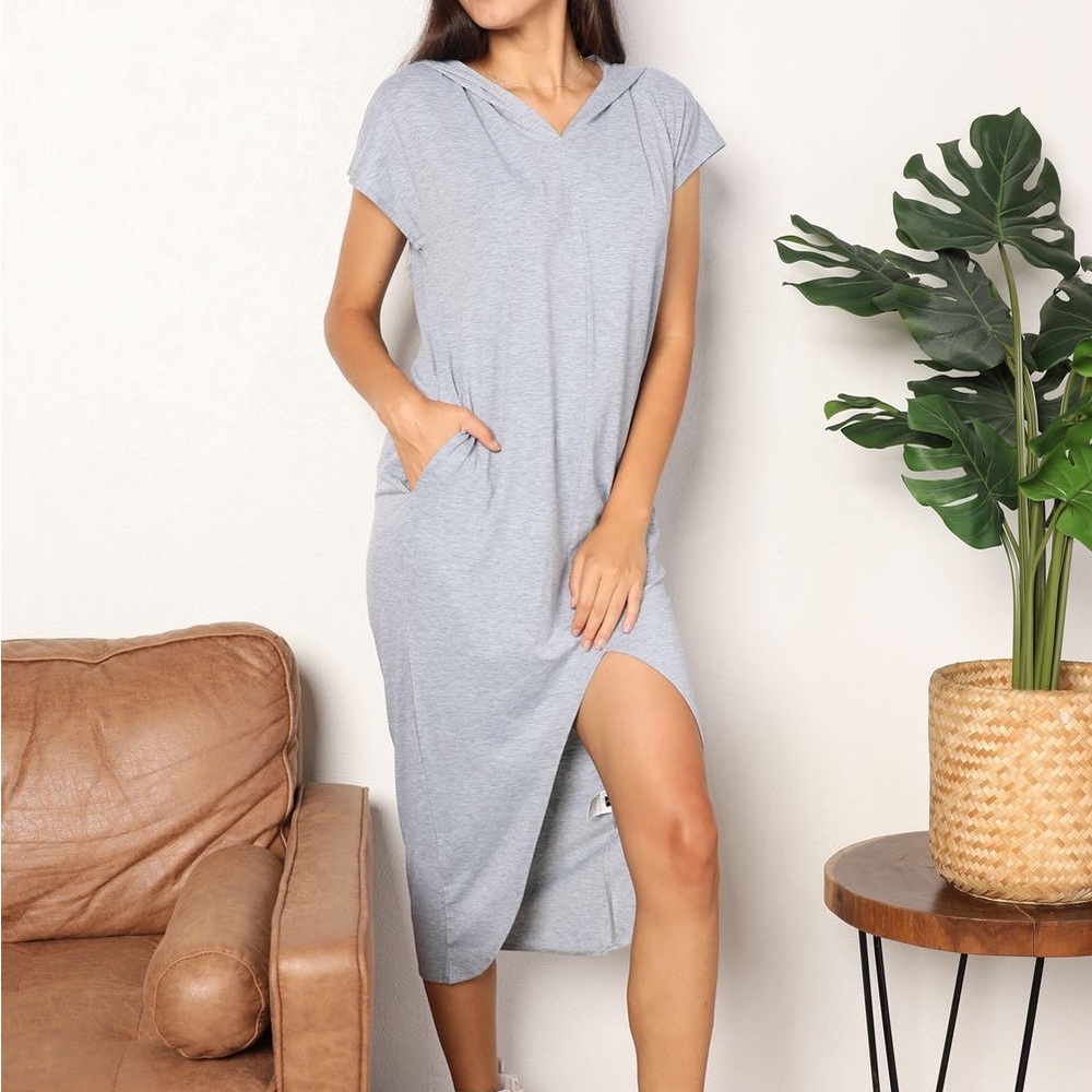 NEW Double Take Short Sleeve Front Slit Sporty Hoodie Dress in Gray